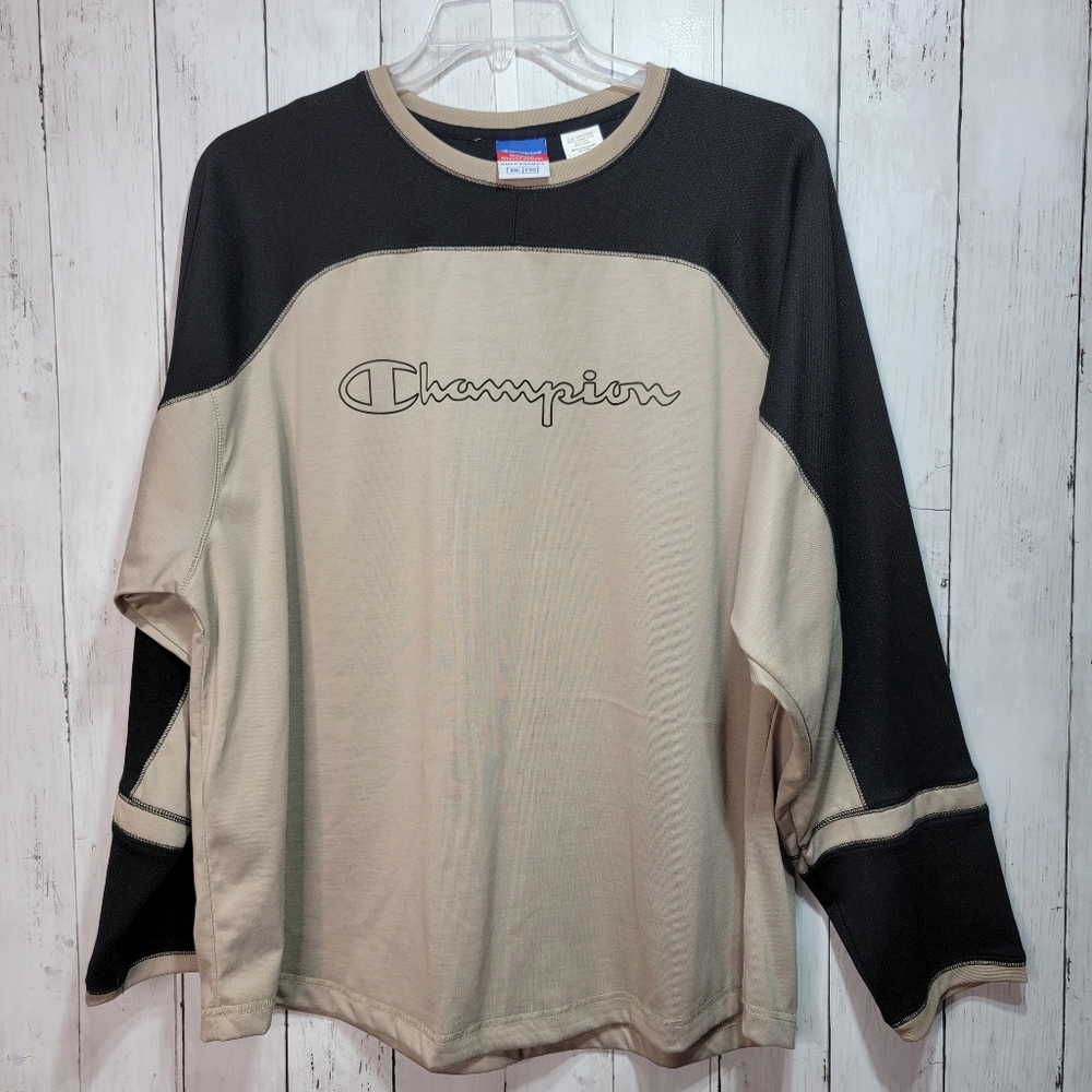 Champion Men's Tan Black Graphic Logo Long Sleeve Pullover Shirt Adult Size XXL